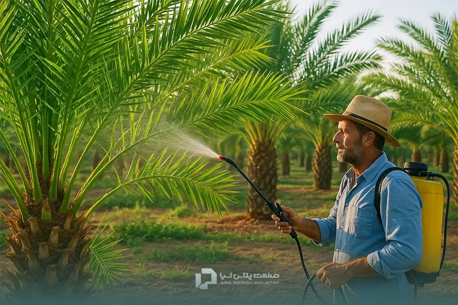 محلولپاشی یکی از روشهای کوددهی درخت خرما است.